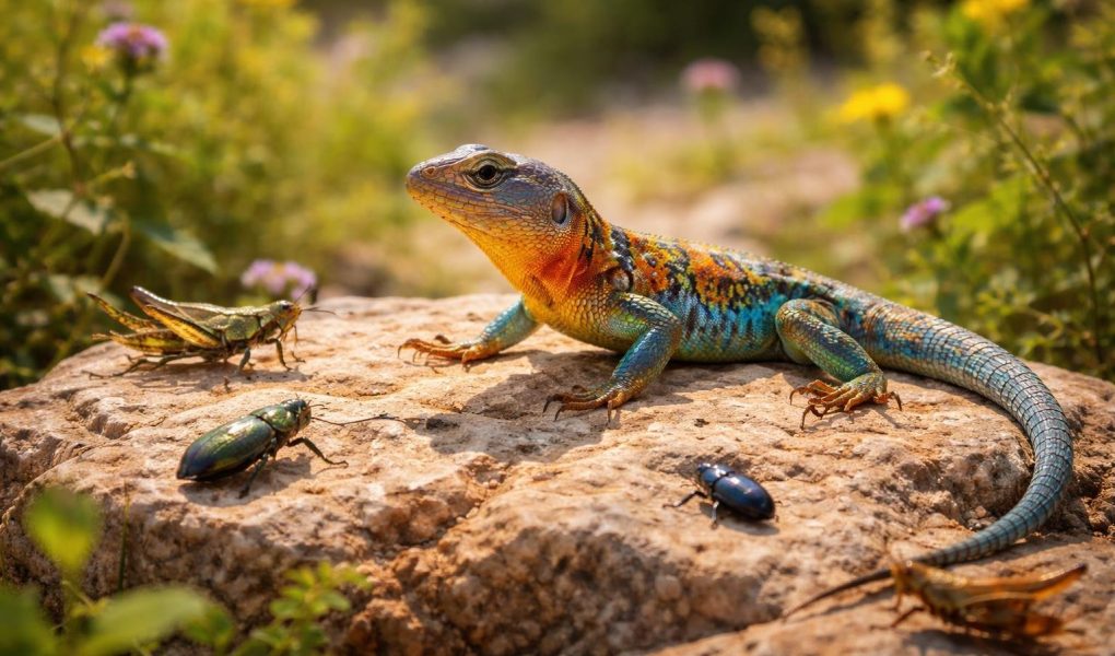 lezard-colore-rocher-insectes-plantes
